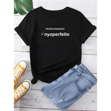 Imagem de Camiseta Feminina Preta Harajuku Com Estampa De Letras Casual Manga Cu