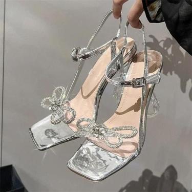 Imagem de Sandálias De Salto Alto Transparentes Com Cristais E Bico Quadrado Com