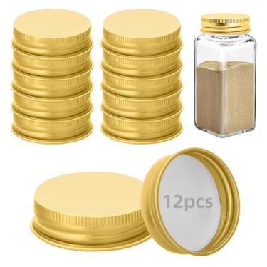 Imagem de 12 tampas de pote de ferro para potes quadrados de 113 g e 170 g reutilizáveis latas herméticas de armazenamento de especiarias para cozinha de vedação agradável (dourada)