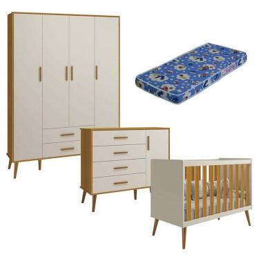 Imagem de Quarto De Bebê Isis 4 Portas Areia Acetinado Savana Com Colchão Ortobom - Reller