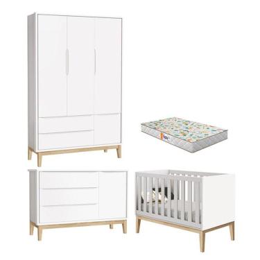 Imagem de Quarto De Bebê 3 Portas New Classic Branco Com Pés Madeira Natural E Colchão Gazin - Reller