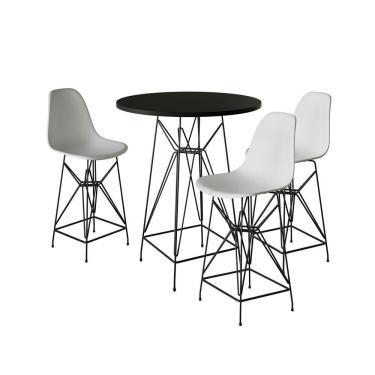 Imagem de Jogo Mesa Bistrô Eames Preta 60Cm 3 Banquetas Branca Base Ferro Preto - Cor: Preto