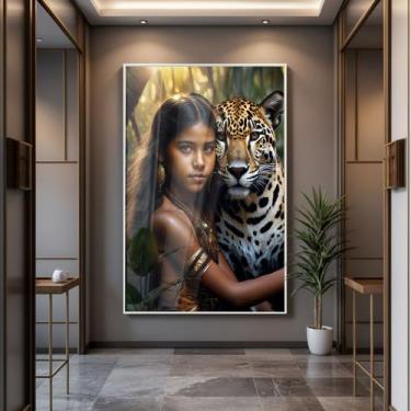 Imagem de Quadro com Moldura e Acrilico Cristal Vidro Indígena Onça para Sala, Q