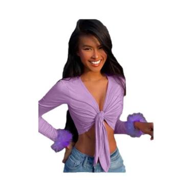 Imagem de Blusa Feminina De Manga Longa Com Decote Em V De Pelúcia E Amarração P