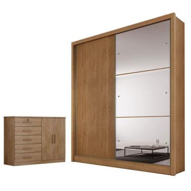 Imagem de Guarda Roupa Solteiro Dante Seul 2 Portas de Bater 3 Gavetas com Espelho e Cômoda Sapat...