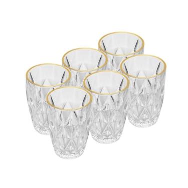 Imagem de Cj 6 Copos Baixos de Vidro Transparente C/Fio de Ouro Diamond 270ml Lyor