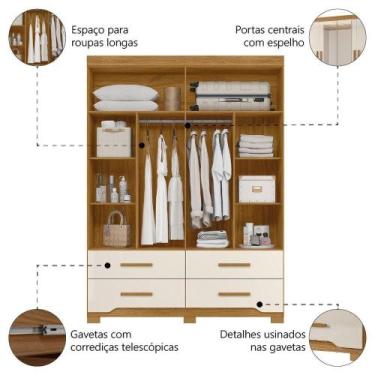 Imagem de Guarda Roupas Casal Com Espelho 4 Portas 4 Gavetas Miami Madeirado Off