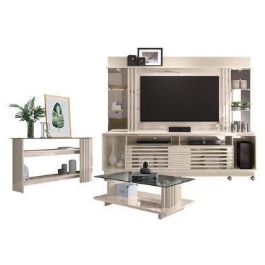 Imagem de Estante Home Theater com Rodízios e Aparador com Mesa de Centro Frizz Gold Calacata Off White – Madetec