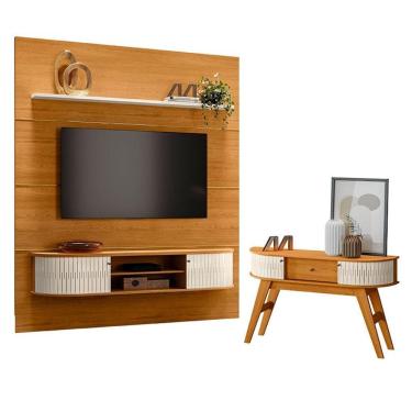 Imagem de Estante Home Theater com Bancada Suspensa Bugatti com Aparador Estoril Cinamomo Off Whi...