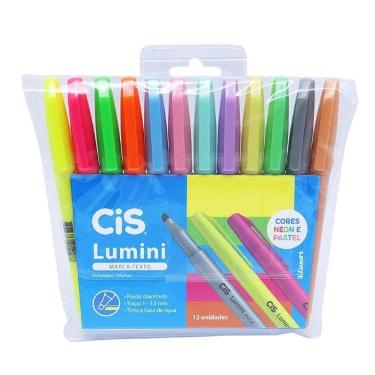 Imagem de Caneta Marca Texto Cis Lumini com 12 Cores Pastel e Neon Ponta Chanfrada Traço 1-3,5MM Estojo