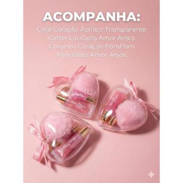 Imagem de Lip Gloss Glitter Labial Brilho Com Chaveiro de Coração Pompom Pelúcia