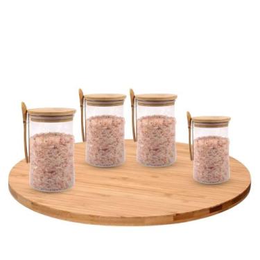 Imagem de Kit 4 Pote Mantimentos Tampa De Bambu + Bandeja Giratória 30cm - Mimo 