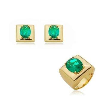 Imagem de Conjunto quadrado pedra oval turmalina banhado a ouro - VIDIÈ, 19