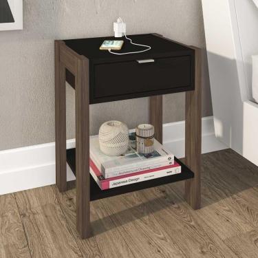 Imagem de Mesa de Cabeceira 1 Gaveta Com Tomada Az1016 Preto/nogal - Tecno Mobili