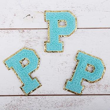 Imagem de Pacote com 3 adesivos de chenille ferro sobre purpurina com letras "P" - Tecido de chenille azul com acabamento em glitter dourado - Costurar ou passar - 5,5 cm de altura