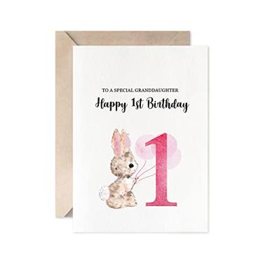 Imagem de Coelho feliz 1º aniversário para uma neta especial, presente de primeiro aniversário para bebê menina rosa