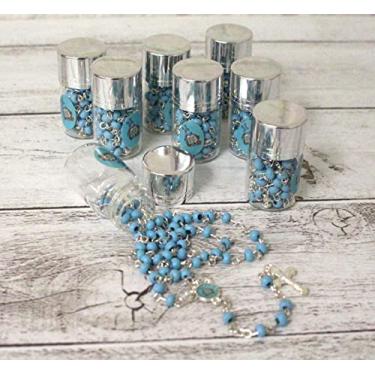 Imagem de 12 peças Prata Azul Bíblia Menino Rosário em Frasco de Vidro Garrafa Perfumada Contas Rosário Prata Católico Crucifixo lote de 12