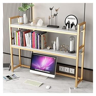 Imagem de KIZQYN Estante de livros organizador de armazenamento de mesa estante para prateleira de armazenamento organizador de espaço de casa e escritório, laminado de mármore legante, moldura de metal dourada, estante de espaço de 3 camadas (tamanho: 115 cm x 24 cm x 83 cm)