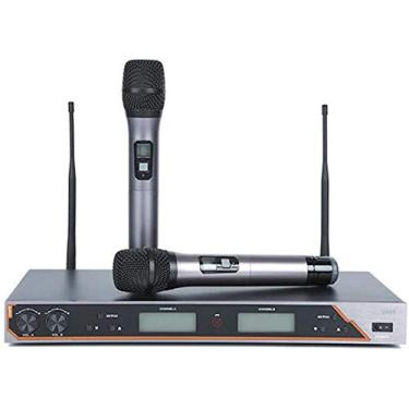 Imagem de JWCN Conjuntos de microfone microfone sem fio um para dois casa metal duplo profissional sem fio microfone dinâmico portátil equipamento de desempenho de palco microfone doméstico sem fio para família KTV grande pa