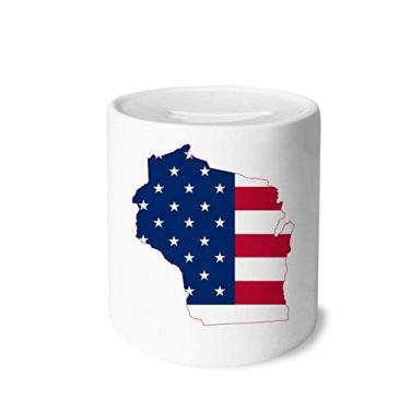 Imagem de DIYthinker Wisconsin America Map Stars Stripes Flag Shape Money Box Saving Banks Ceramic Coin Case Kids Adults