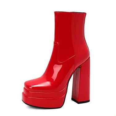 Imagem de Botas femininas plataforma no tornozelo com cadarço gótico bloco robusto punk botas de combate de motocicleta de salto alto,Red,4 UK/37 EU