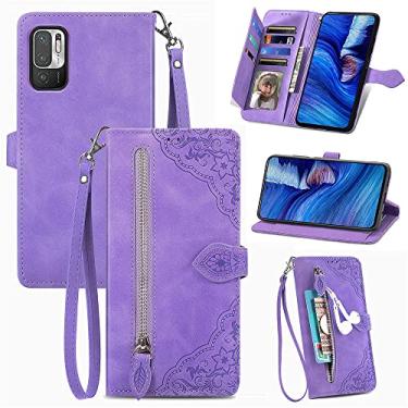Imagem de Capas de telefone com slots de cartão de luxo compatíveis com Xiaomi Redmi Note 10 Note10 5G capa de couro cordão de negócios suporte de zíper carteira clipe de telefone (roxo, Xiaomi Redmi Note 10 5G)
