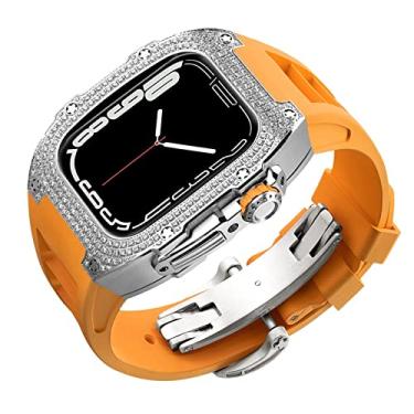 Imagem de SULUET Rm mod kit capa de diamante e pulseira fluororubber para Apple Watch Series 8 7 6 5 4 se, pulseira de borracha de flúor capa de strass para iwatch 45mm 44mm (cor: laranja, tamanho: