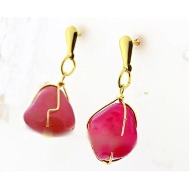 Imagem de Brinco Cesta Amarrada Pedra Agata Rosa Pino Tarracha Dourado