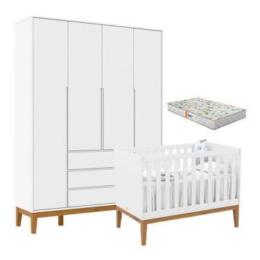 Imagem de Berço Americano Unique e Guarda Roupa 4 Portas Nature Clean Branco Soft Eco Wood com Colchão Gazin - Matic