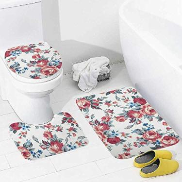Imagem de Conjunto de tapetes de banheiro e 3 peças de flores de rosa aquarela, tapete de banheiro de espuma de memória, lavável, antiderrapante, tapete de contorno e tampa para banheiro