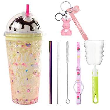 Imagem de seelucky Copo de viagem para sorvete com canudo para menina copo para beber congelador caneca gelada piquenique presente de festa de aniversário (sorvete amarelo, 450 ml)