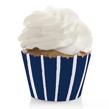 Imagem de Big Dot of Happiness Listras azul-marinho – Decorações de festa simples – Embalagens de cupcake de festa – Conjunto de 12