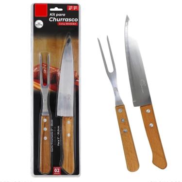 Imagem de Kit Churrasco Churrasqueiro Inox Com Garfo Trincheiro e Faca com Cabo de madeira