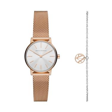 Imagem de Armani Exchange Relógio feminino de quartzo de aço inoxidável com pulseira de couro, Conjunto de mini presente em ouro rosa, Relógio de quartzo