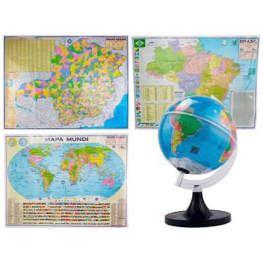 Imagem de Kit Globo 21cm C/ LED + Mapas Brasil Mundi e MG Grande 120x90cm Profissional Decorativo Escolar
