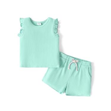 Imagem de PATPAT Conjunto de 2 peças de roupas infantis de verão com nervuras lisas de malha regata e shorts, Verde menta, 4-5 Anos