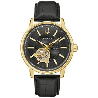 Imagem de Bulova Relógio masculino clássico com pulseira de couro automático de 3 mãos, 21 joias, recurso de hack, ponteiros e marcadores luminosos, abertura aberta e caixa traseira de exibição, Pulseira preta/dourado, Pulseira de couro preta