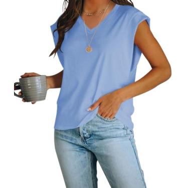 Imagem de Tankaneo Camiseta feminina de manga cavada, gola V, casual, de verão, folgada, básica, Azul, XXG