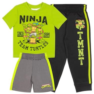 Imagem de Nickelodeon Conjunto de 3 peças de calça para meninos Tartarugas Ninja Teenage Mutant – Conjunto de 3 peças, camiseta de manga curta, shorts e jogger TMNT, verde/preto/cinza 2, 5-6
