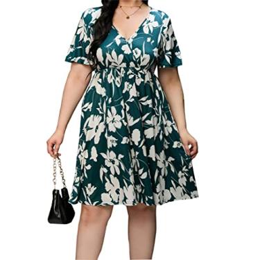 Imagem de ShopWonder Vestido plus size feminino, gola V, evasê, comprimento até o joelho, vestido rodado, plus size, minivestido de festa, Flor grande verde-escuro, 3G