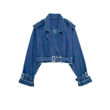Imagem de PAODIKUAI Jaqueta jeans feminina cropped casual solta manga longa jaqueta jeans trench coat com cinto, Azul escuro, G