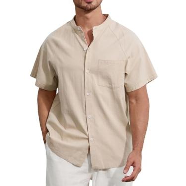 Imagem de SILKWORLD Camisa masculina casual de botão manga curta gola banda algodão linho camisa masculina Henley havaiana com bolso, 4a_cáqui, GG