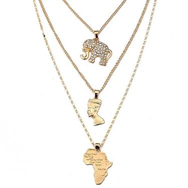 Imagem de HUJUON Colar Nefertiti Pharaoh de 3 camadas. Colar com pingente de cruz rainha egípcia em ouro punk, joia hip hop africana feminina masculina e feminina, Metal, Strass