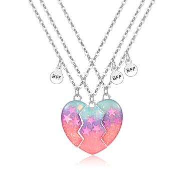 Imagem de Saalort Colares Best Friend para 3, pingente de lantejoulas com costura magnética em forma de coração Amizade BFF 3 peças/conjunto de joias para mulheres, Zinco, Zircônia cúbica