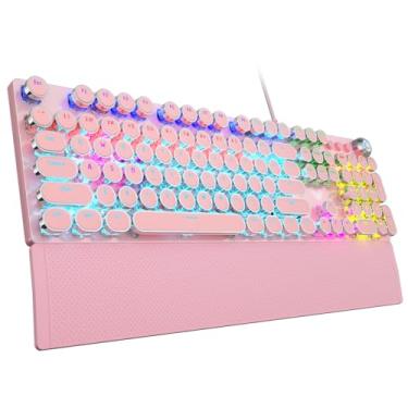 Imagem de AULA Teclado mecânico para jogos estilo máquina de escrever F2088, retroiluminado por LED arco-íris, descanso de pulso removível, botão de controle de mídia, teclas redondas punk retrô, teclado de