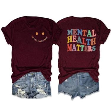 Imagem de Camiseta feminina Mental Health Matters Be Kind to Your Mind Inspirational Shirt Letter Print Graphic Tops, Vinho, M