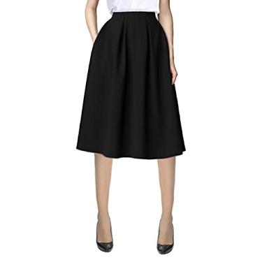 Imagem de Urban CoCo Saia midi feminina comprimento até o joelho casual trabalho 2024 outono cintura elástica linha A com bolso, Preto, P