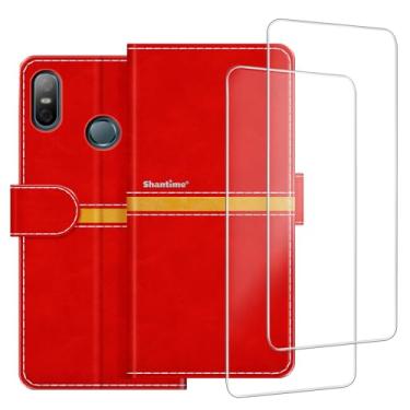 Imagem de ESACMOT Capa de celular compatível com HTC U12 Life + [2 unidades] película protetora de tela de vidro, capa protetora magnética de couro premium para HTC U12 Life (6 polegadas) vermelha