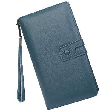 Imagem de Bveyzi Carteira feminina de couro RFID grande organizador de carteira grande para talão de cheques com bolso com zíper, Azul, L, Carteira RFID