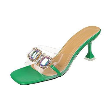 Imagem de Sandálias femininas elegantes de verão com salto agulha grosso, salto alto, para festas, joias, sandálias confortáveis e casuais, Verde, 7.5 3X-Narrow